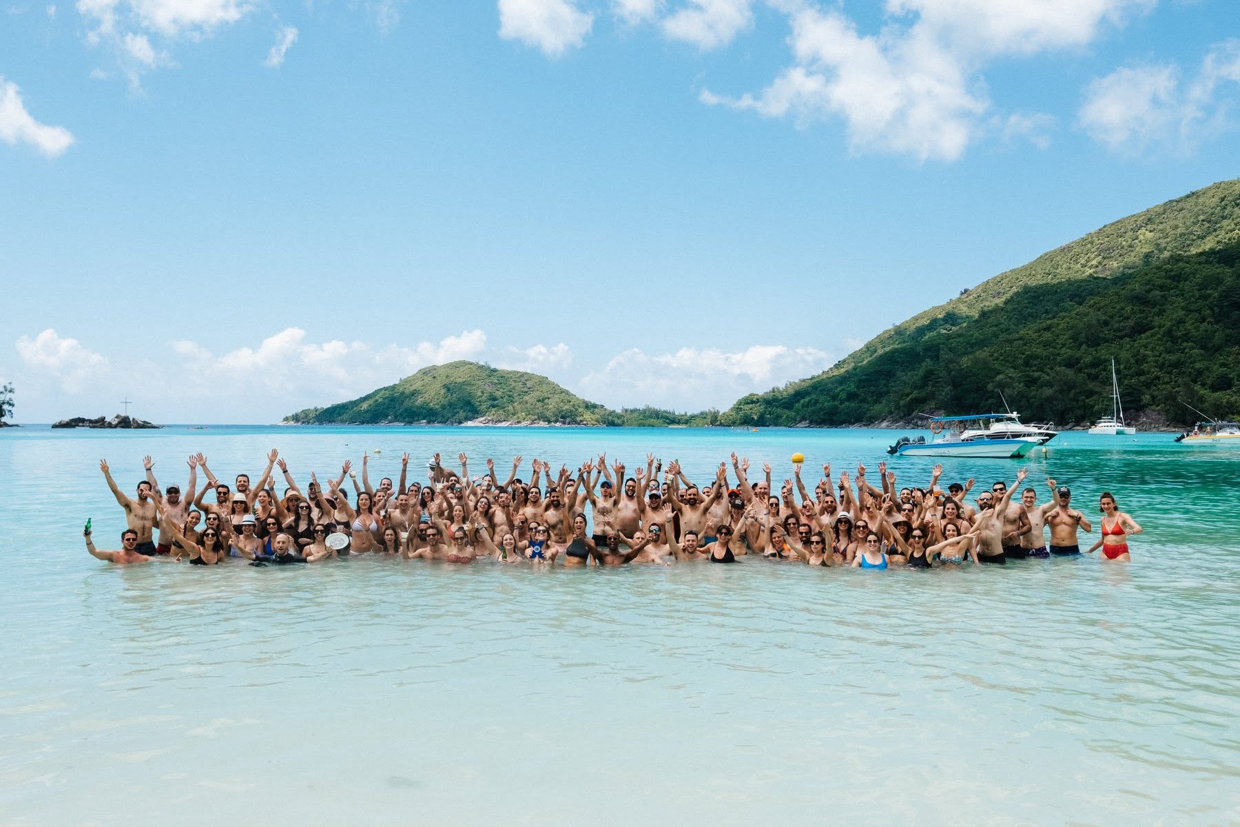 The whole ironSource crew in the sea for a group photo